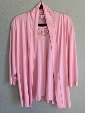 Pretty in pink!  Light Pink Open Front Cardigan with Embellished attached Shell